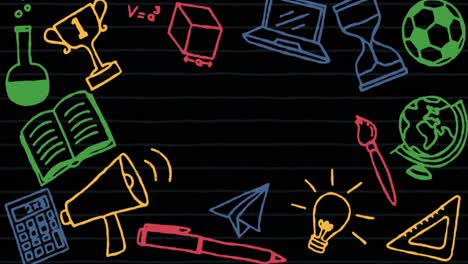 Animation-of-multiple-school-concept-icons-against-copy-space-on-black-chalkboard-background