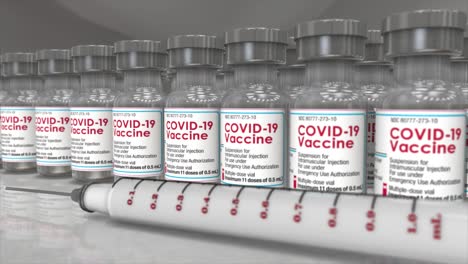 high quality, photo-realistic cgi render featuring a smooth camera tracking past rows of glass vials of covid-19 vaccine, on a reflective countertop, with a single syringe in the foreground