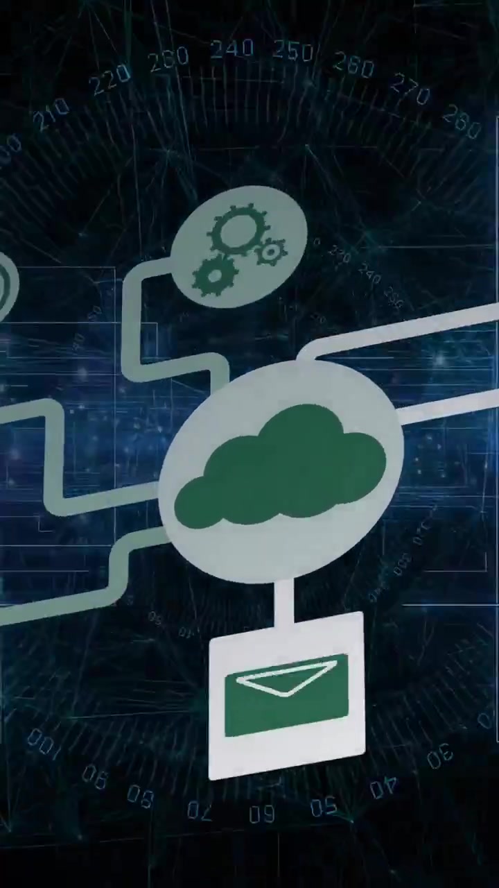 Vertical video: White oval rotating, starting cloud hub growing arms, square cycling, showing data