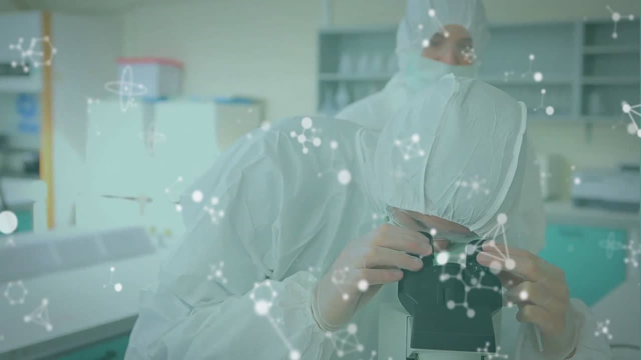 실험을 하는 백인 과학자들에 대한 분자의 애니메이션