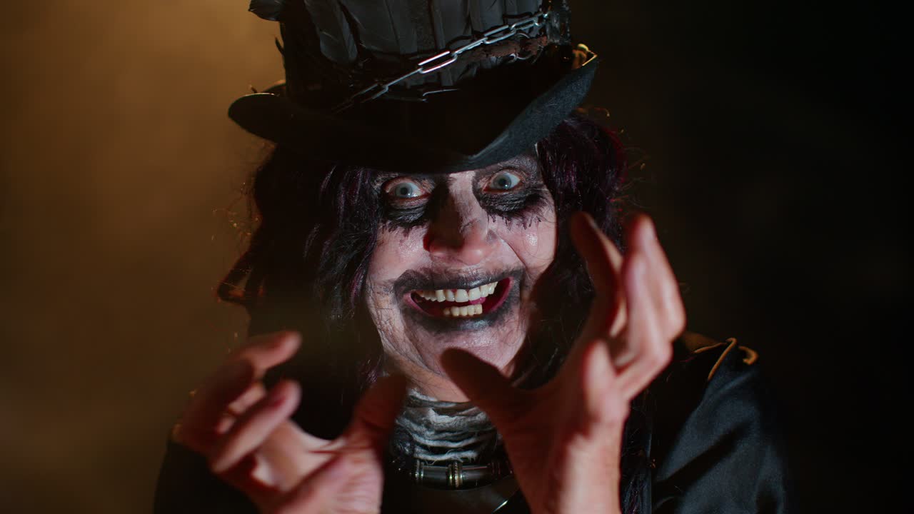 Sinister elderly woman with horrible scary Halloween witch vampire makeup in costume trying to scare