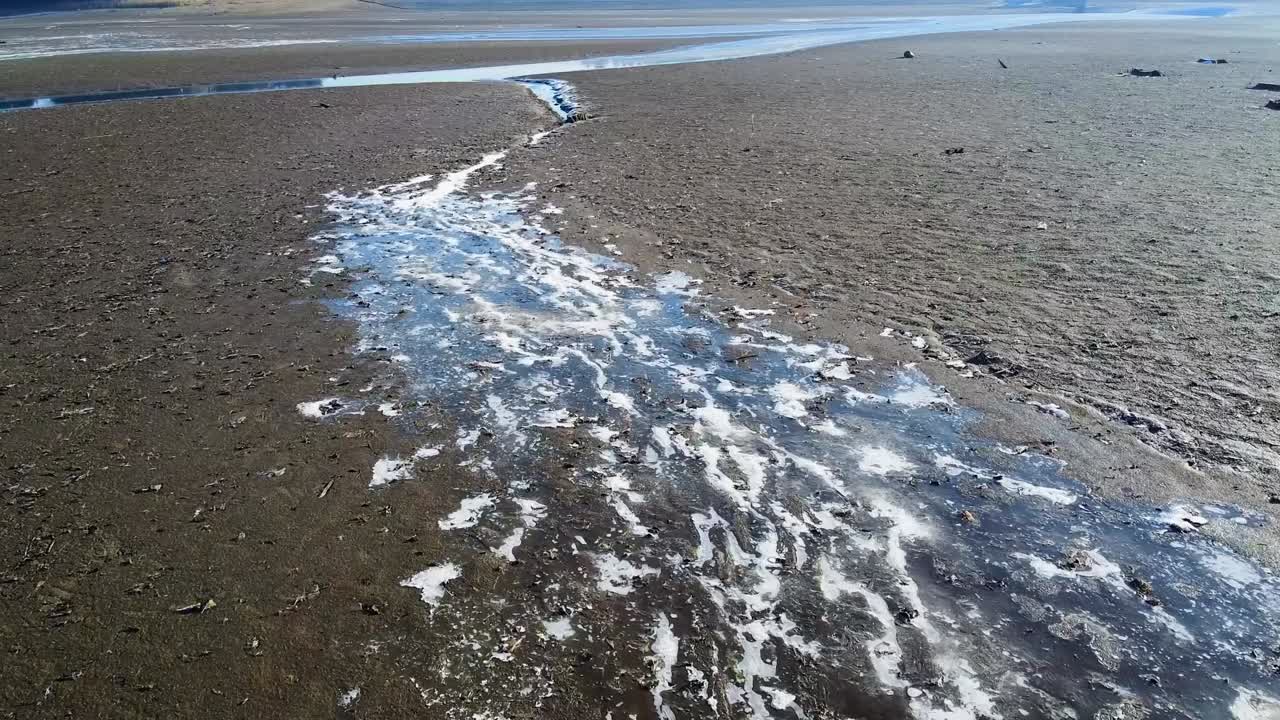 afluente do Lago Zovnek durante o verão, córrego e leito de rio marrom extenso