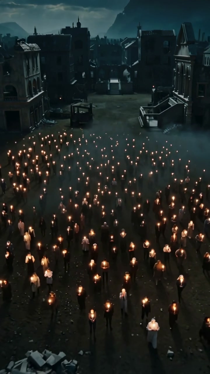 Vertical video: Camera pulling back, torchlit crowd wearing coats holding vigil in ruined square