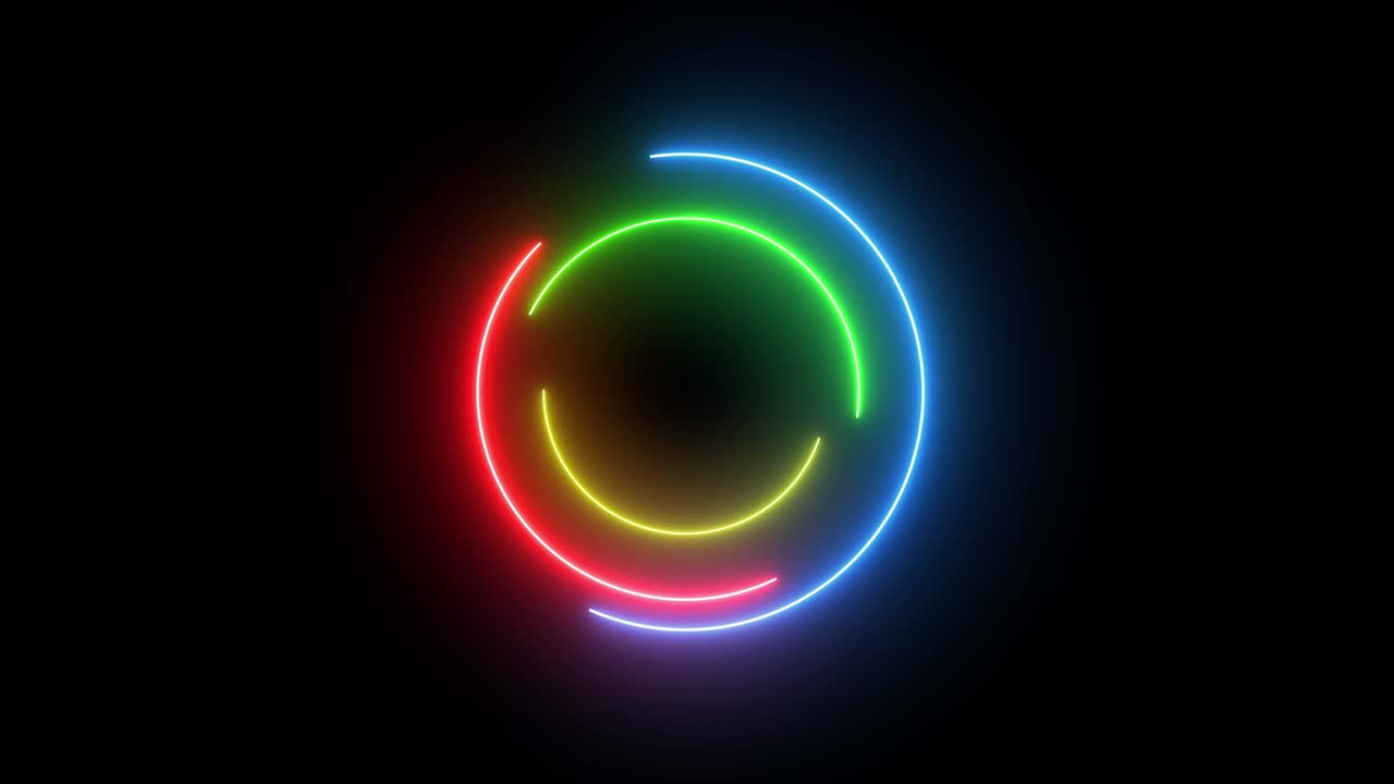 네온 색의 회전하는 추상적 인 창조적 인 허드와 네온, 반이는 빛.