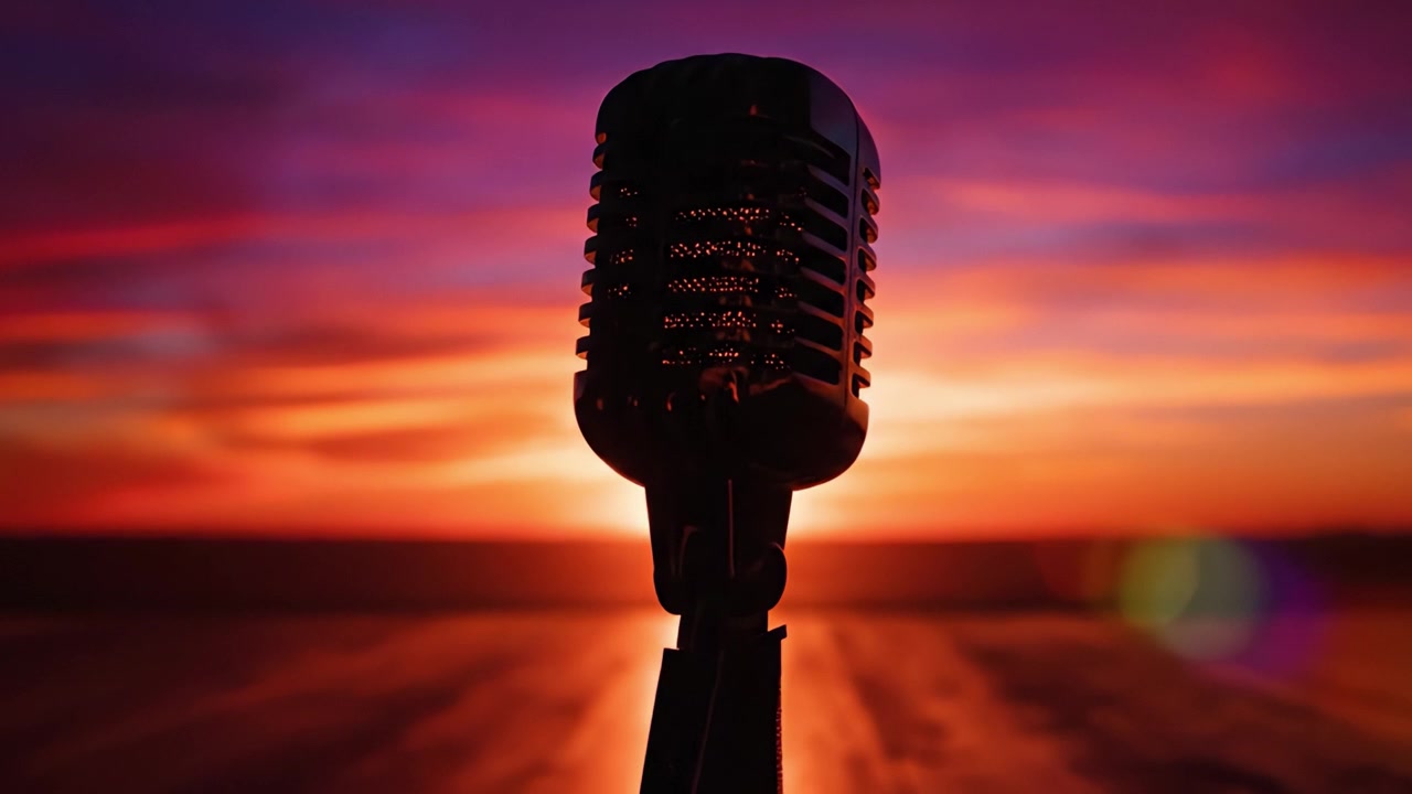 Un microfono vintage si staglia audacemente in silhouette contro un tramonto mozzafiato, catturando l'essenza della musica e della creatività mentre il sole dipinge il cielo con colori vivaci.