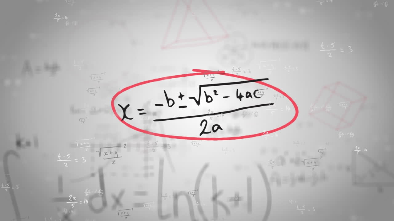 animación de ecuaciones matemáticas, diagramas y fórmulas flotando contra un fondo gris