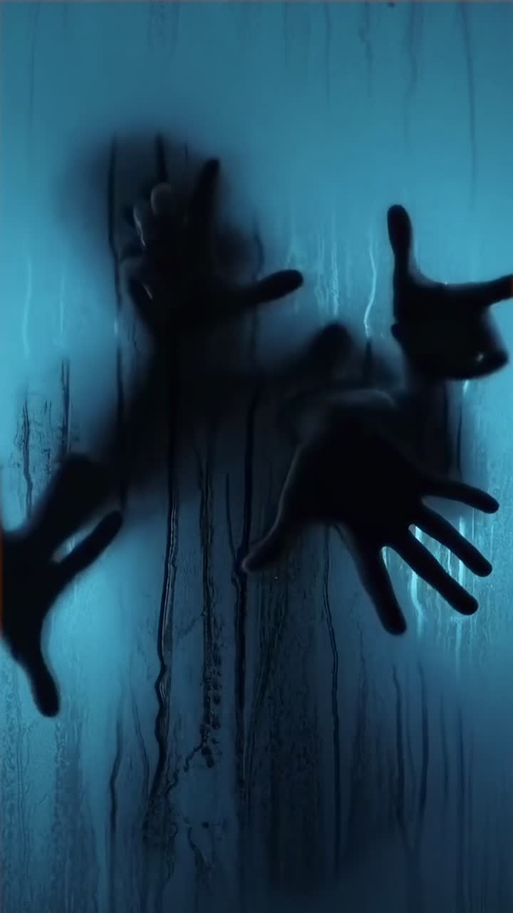 Silhouette di mani su vetro appannato, atmosfera inquietante. Angolazione in primo piano, stile video cinematografico. Dal vivo