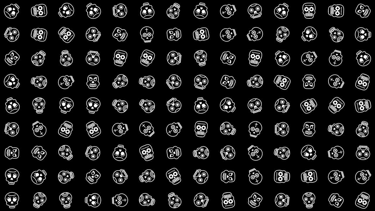 human skull icon animation loop. Seamless pattern background. small human skull icons rotate slowly on black backdrop