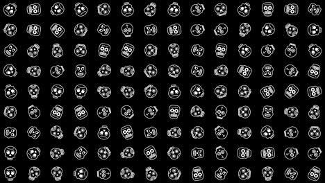 human skull icon animation loop. seamless pattern background. small human skull icons rotate slowly on black backdrop