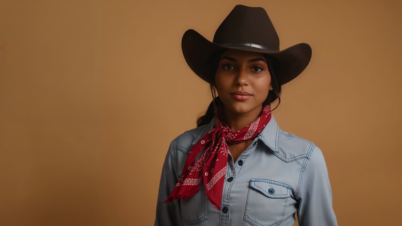 On cue model turning head toward camera in studio, with cowboy hat, bandana and denim shirt