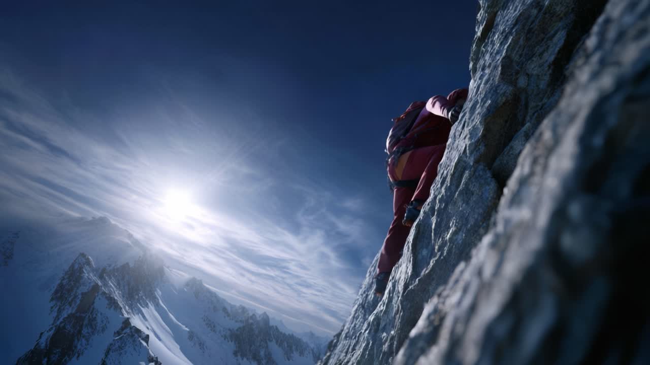 A determined climber scales a steep, rugged mountain face under a vibrant sky, showcasing the challenges and beauty of extreme mountaineering experiences