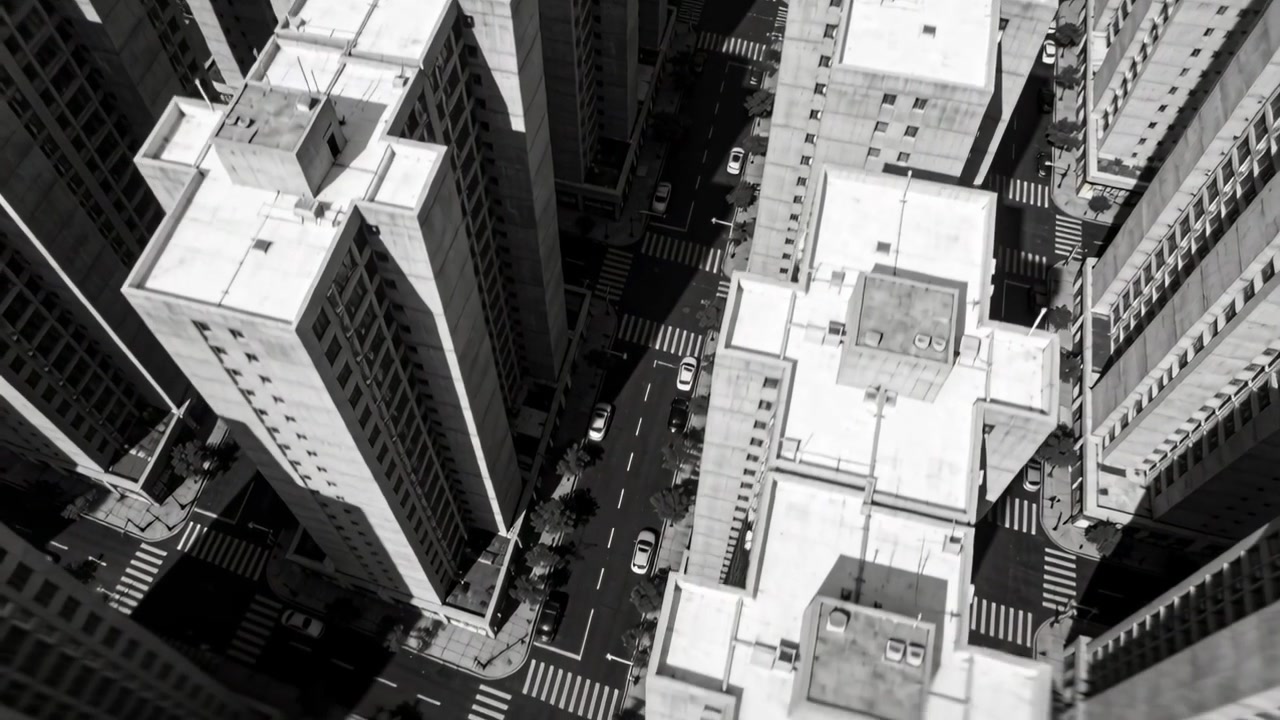 Panning down from high above, camera filming tall towers and narrow street, showing rooftop HVAC