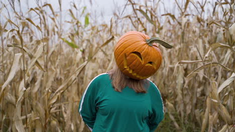 film noir woman in pumpkin head standing in corn field