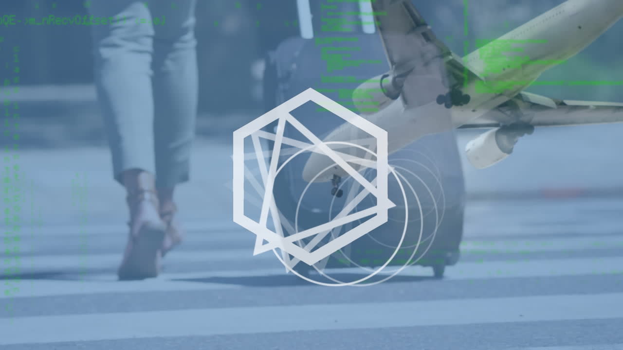 배과 비행기를 가진 여행자 위에 회전하는 색 모양과 데이터의 애니메이션