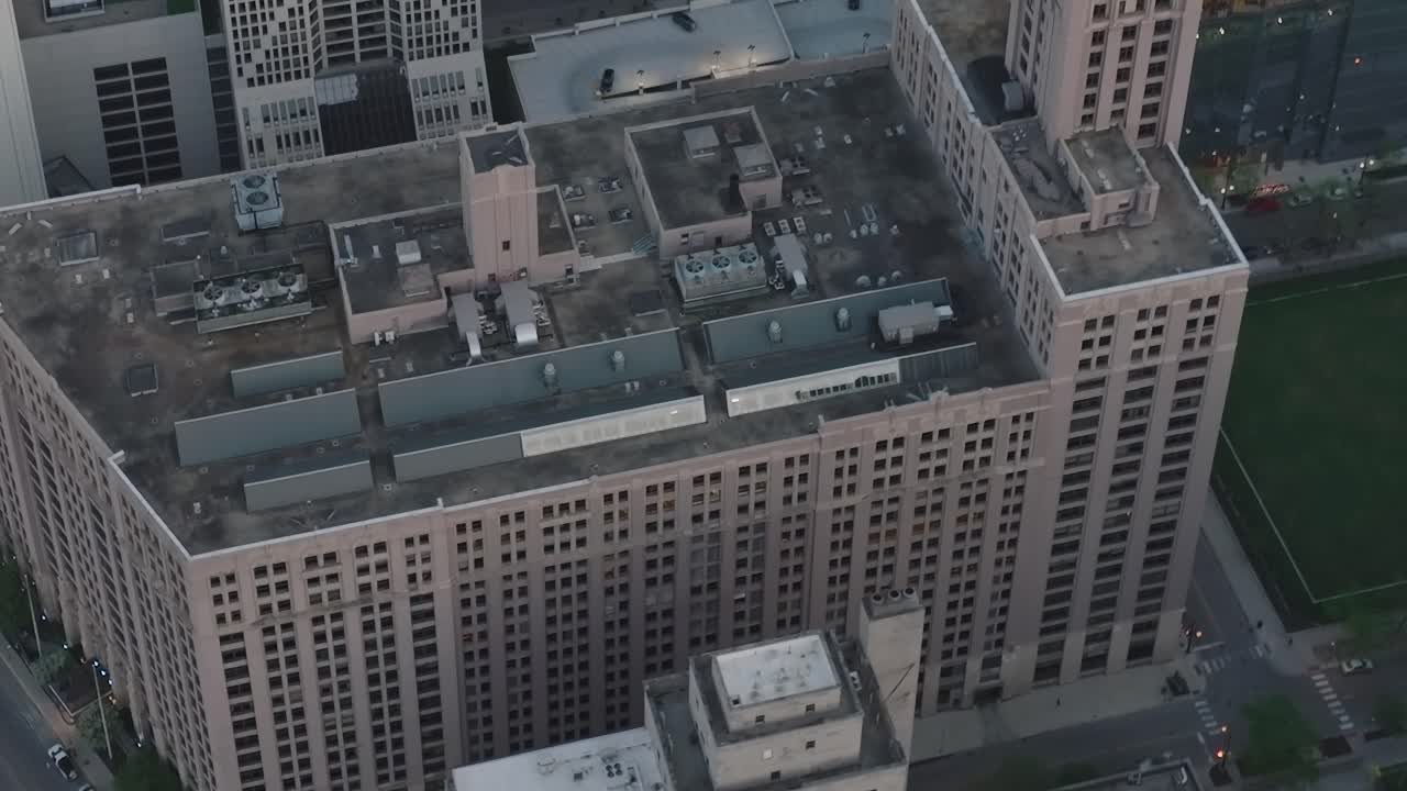 Views from above Chicago show buildings and open spaces in the city