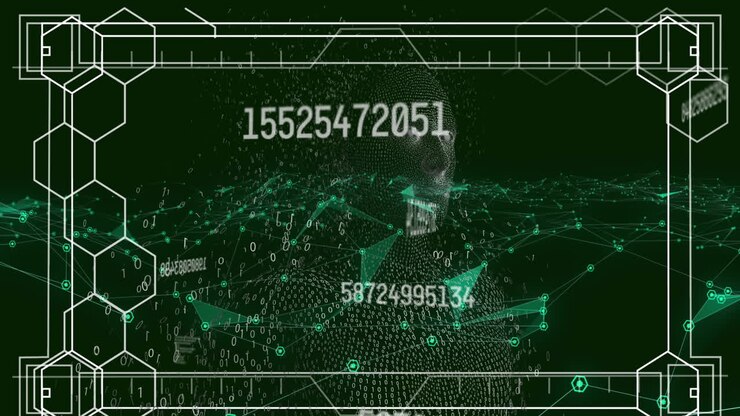 Animation of changing numbers over interface with data processing against plexus networks
