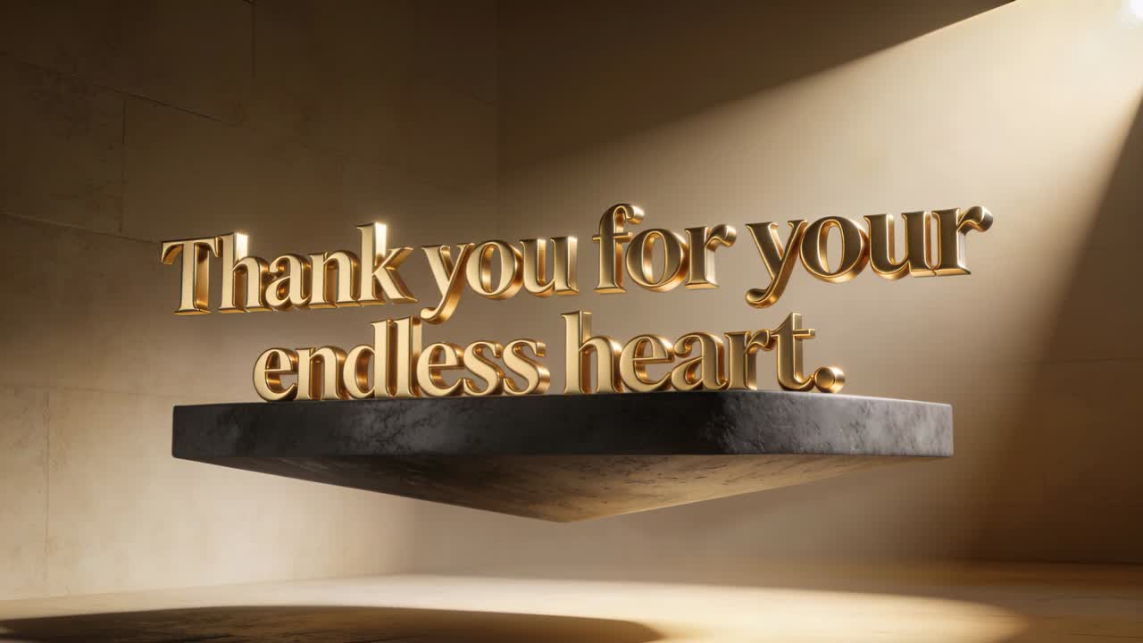 Spotlight growing, floating 3D gold text stone base lowering, tilting, showing sheen for marketing