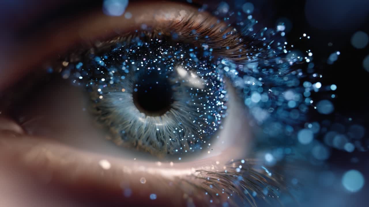 Primo piano di un occhio blu scintillante, adornato con particelle scintillanti, che mostra dettagli intricati e colori vividi in una composizione visivamente sbalorditiva