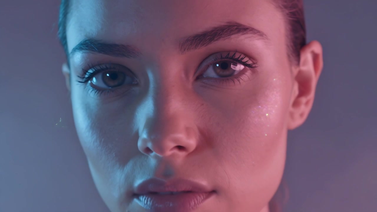 Camera pulling back, female model moving eyes in studio with rim lighting, revealing green specks