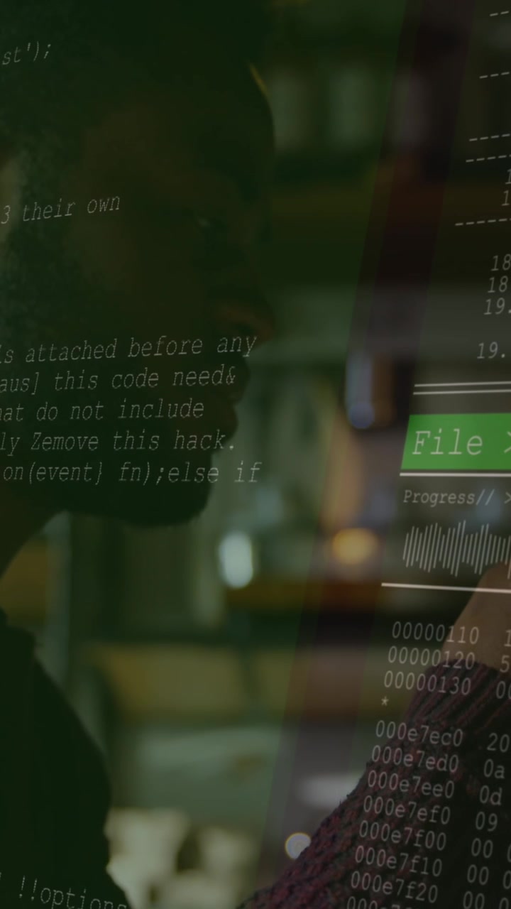 Animation of data processing over african american man using smartphone