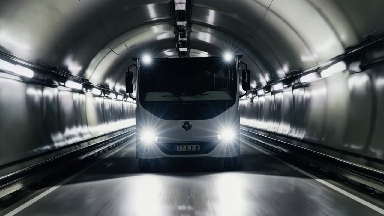 White Truck Driving Through a Tunnel at Night