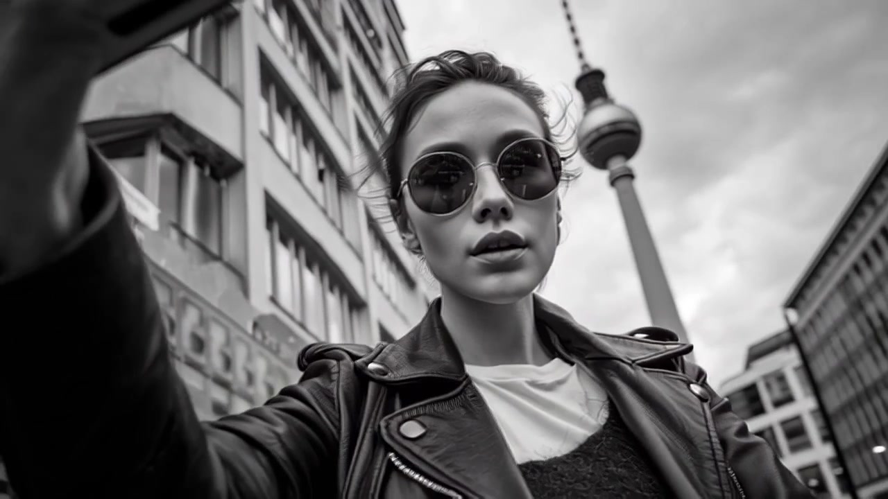 Sort-hvid urban optagelse af en moderigtig ung kvinde iført solbriller og læderjakke på en bygade, med Berlin TV-tårnet synligt bag hende.
