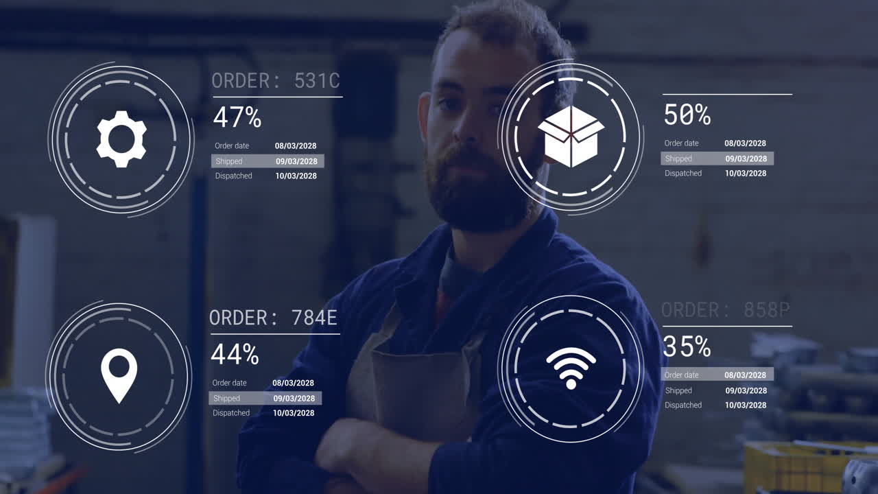 In workshop, man using digital order tracking interface with animation overlay