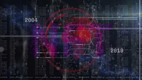 Animation-of-thunderstorm,-changing-numbers,-computer-interface-over-rotating-globe