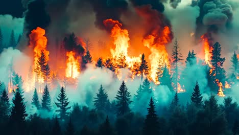 a large fire burns through a forest at night