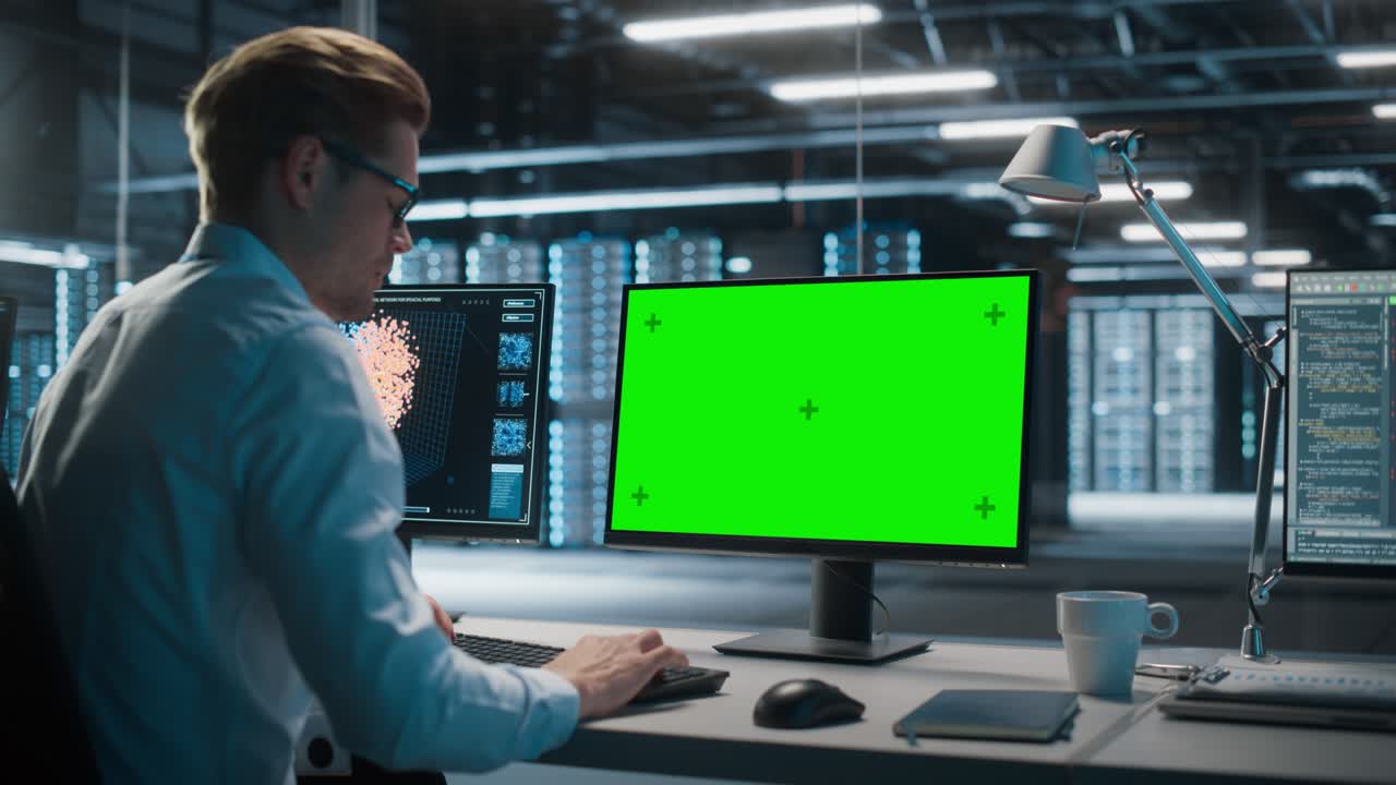 servidor de centro de datos de alta tecnología: hombre caucásico especialista en informática que trabaja en pantalla verde computadora clave de croma. monitoreo de servicios web, computación en la nube, instalación de análisis, mantenimiento de seguridad cibernética