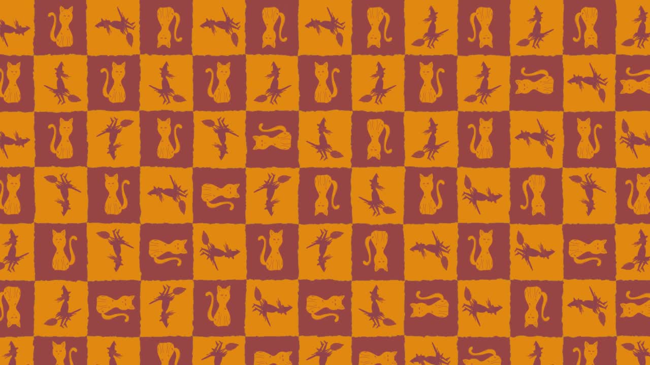 Animation of moving orange texture with cats and witches