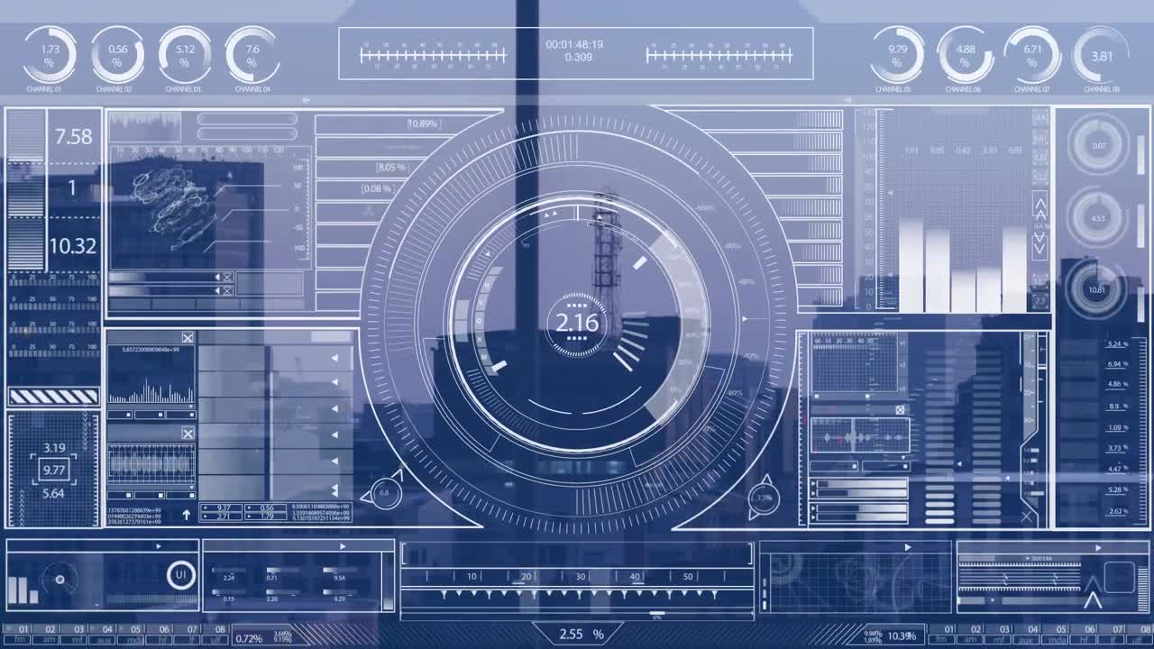 animazione dell'interfaccia con l'elaborazione dei dati rispetto alla vista aerea del paesaggio urbano