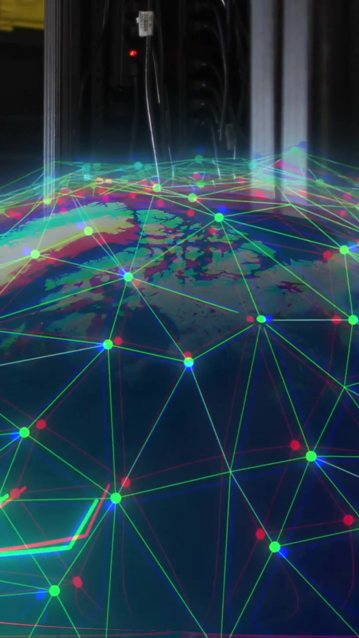 Animation of digital data processing with globe over computer servers