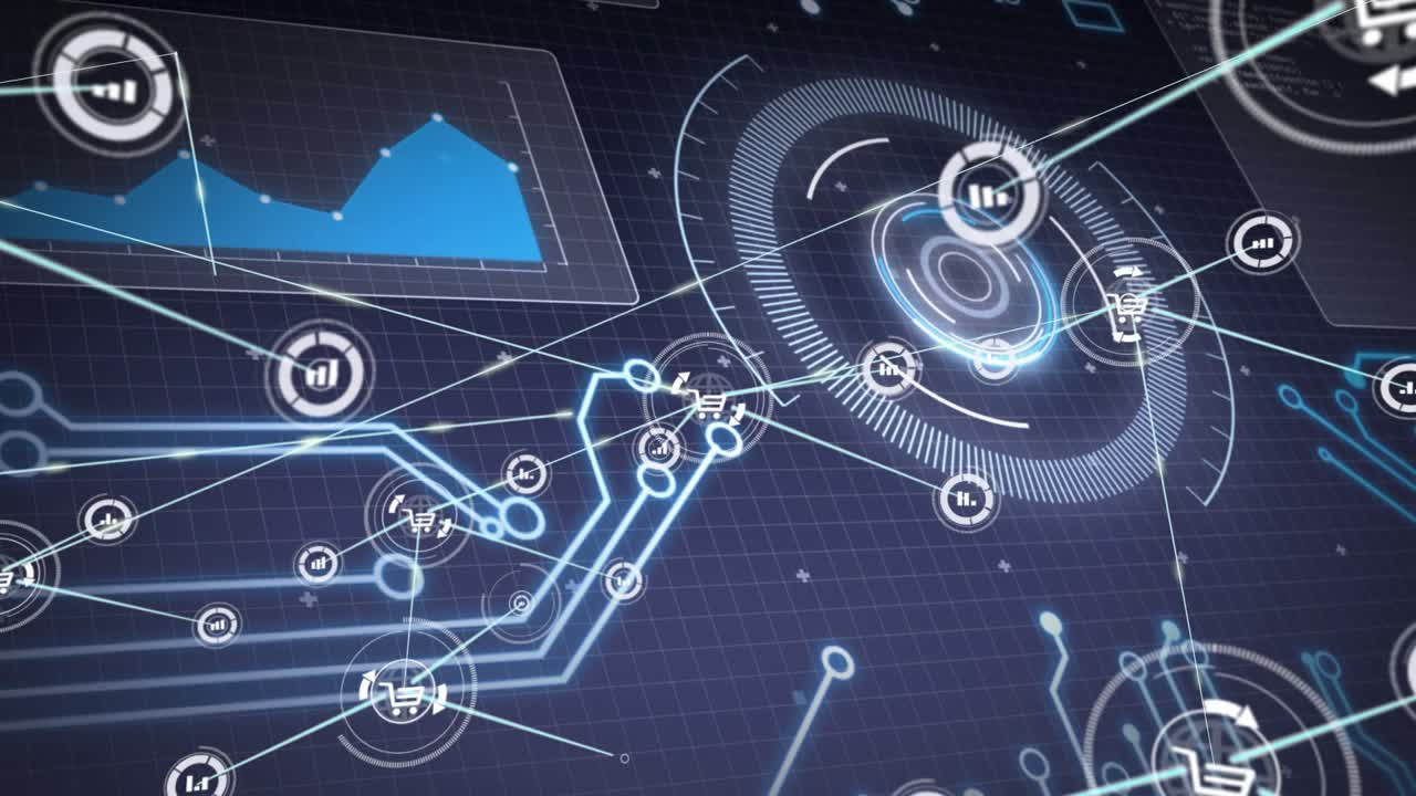 Hub emitting lines ring rotating drawing branches creating cart or bar nodes showing data area chart