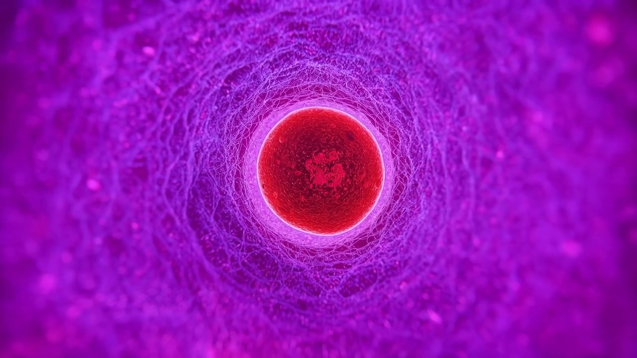 Telecamera in movimento che zooma in avanti attraverso un tunnel fibroso magenta, rivelando una sfera con bordo rosso e pulviscolo.