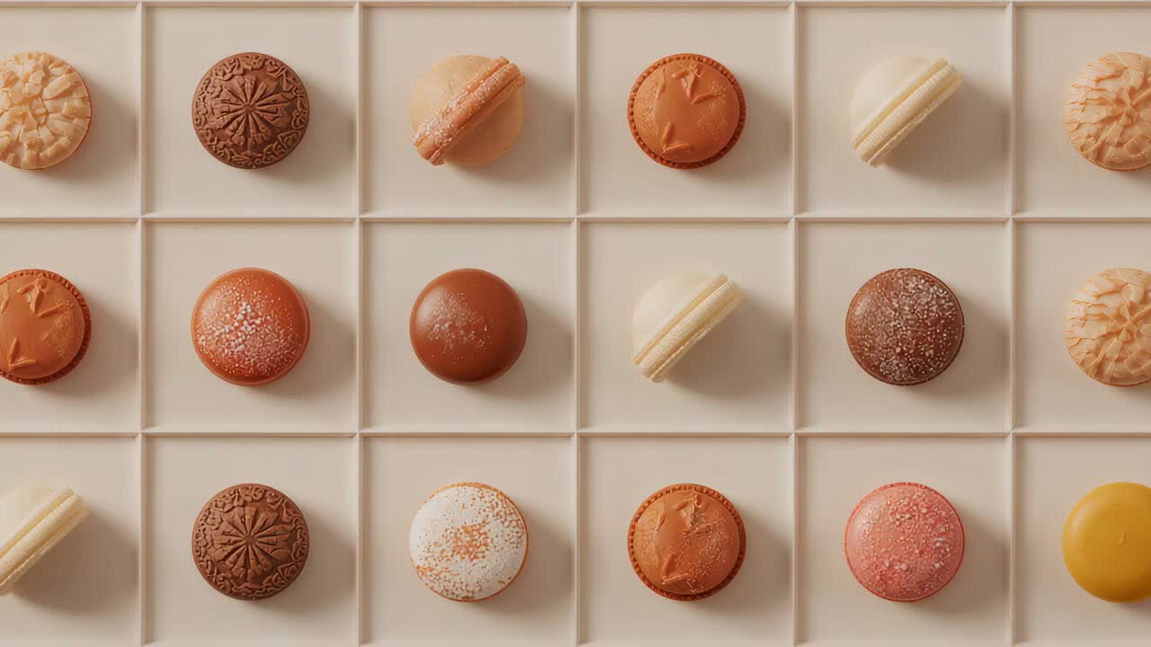 Schwenkende Kamera zeigt ein gleichmäßiges Raster aus Macarons und Keksen auf einem hellen Tablett, das die Beläge präsentiert