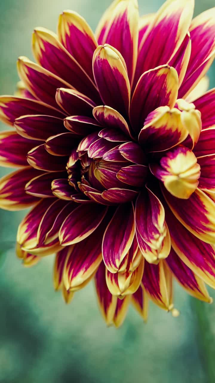 Angolazione ravvicinata del video di un vivace fiore di dalia rosso e giallo su sfondo verde sfocato
