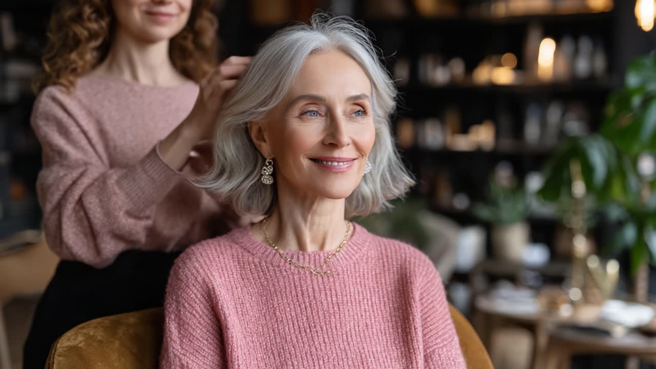 A Serene Moment: A Woman with Graceful Silver Hair Smiles While Being Pampered by a Stylist in a Cozy, Elegant Setting
