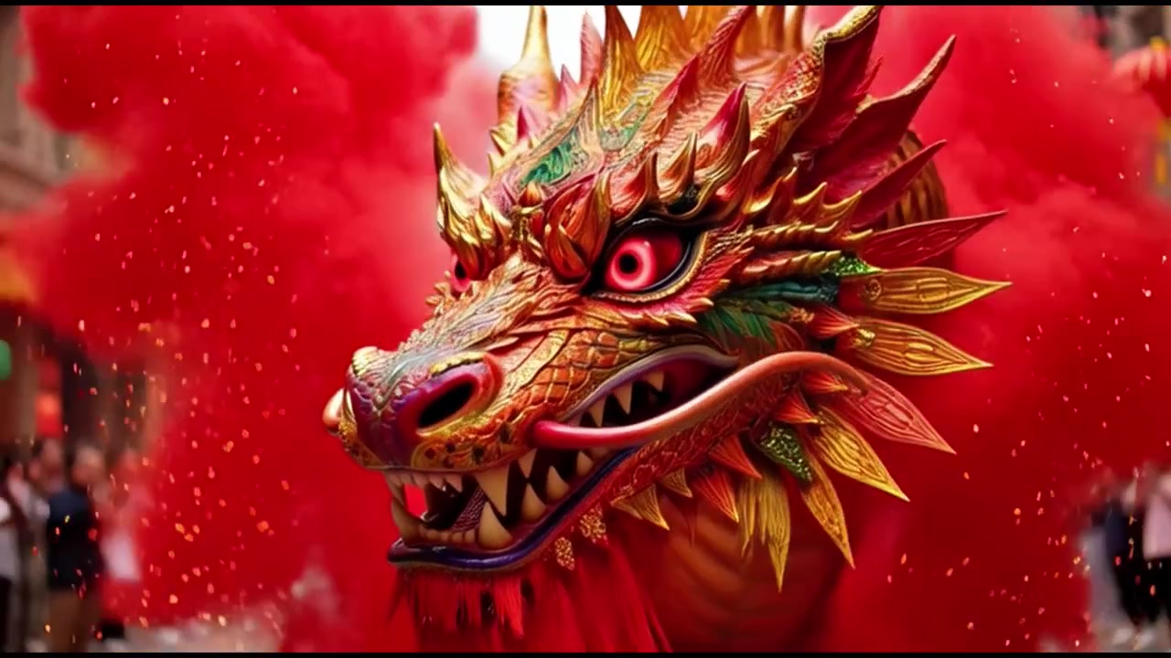 Spectacle de danse du dragon chinois traditionnel avec de la fumée rouge et des lanternes