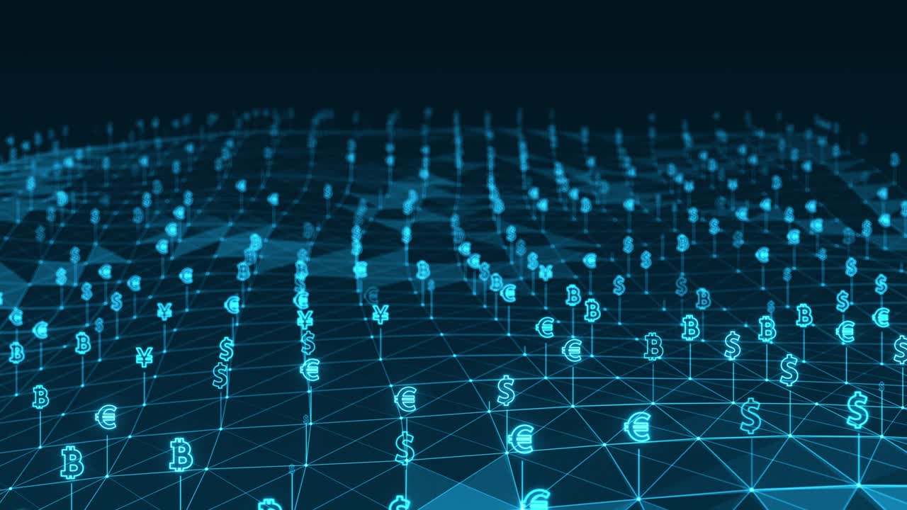 gráfico de movimiento del icono de dinero digital azul y línea vinculada conexión de red tecnología futurista concepto de fondo abstracto video de bucle sin costuras