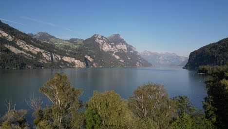 Aerial-view-of-the-great-lakes-in-Switzerland-situated-in-the-valley-surrounded-by-the-mountains