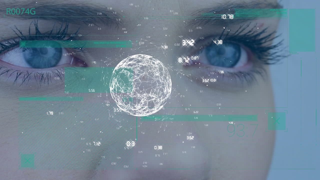 globo de red de conexiones girando contra el primer plano de los ojos de una mujer caucásica