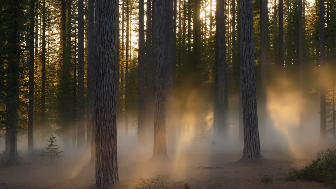 숲 속 의 안개 를 통과 하는 빛