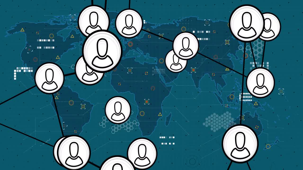 파란색 배경에 대한 지도에서 회로판 패턴과 모양에 연결된 아이콘의 애니메이션