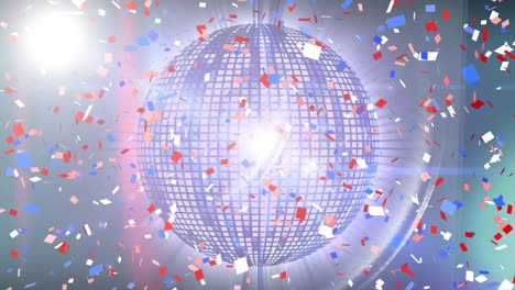 Animation-of-confetti-and-disco-ball-rotating-on-background-with-lights