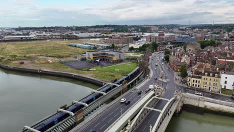 rochester bridge kent uk pull back drone aerial reverse reveal