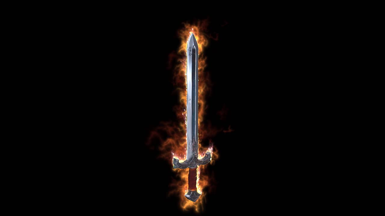 Koyu bir arka plan üzerinde, süslü bir namluya, parıldayan bir çekirdeğe ve silahı çevreleyen ateşli alev efektlerine sahip, son derece detaylı 3D fantasy sword design 02. Fantastik oyunlar ve epik VFX projeleri için ideal.
