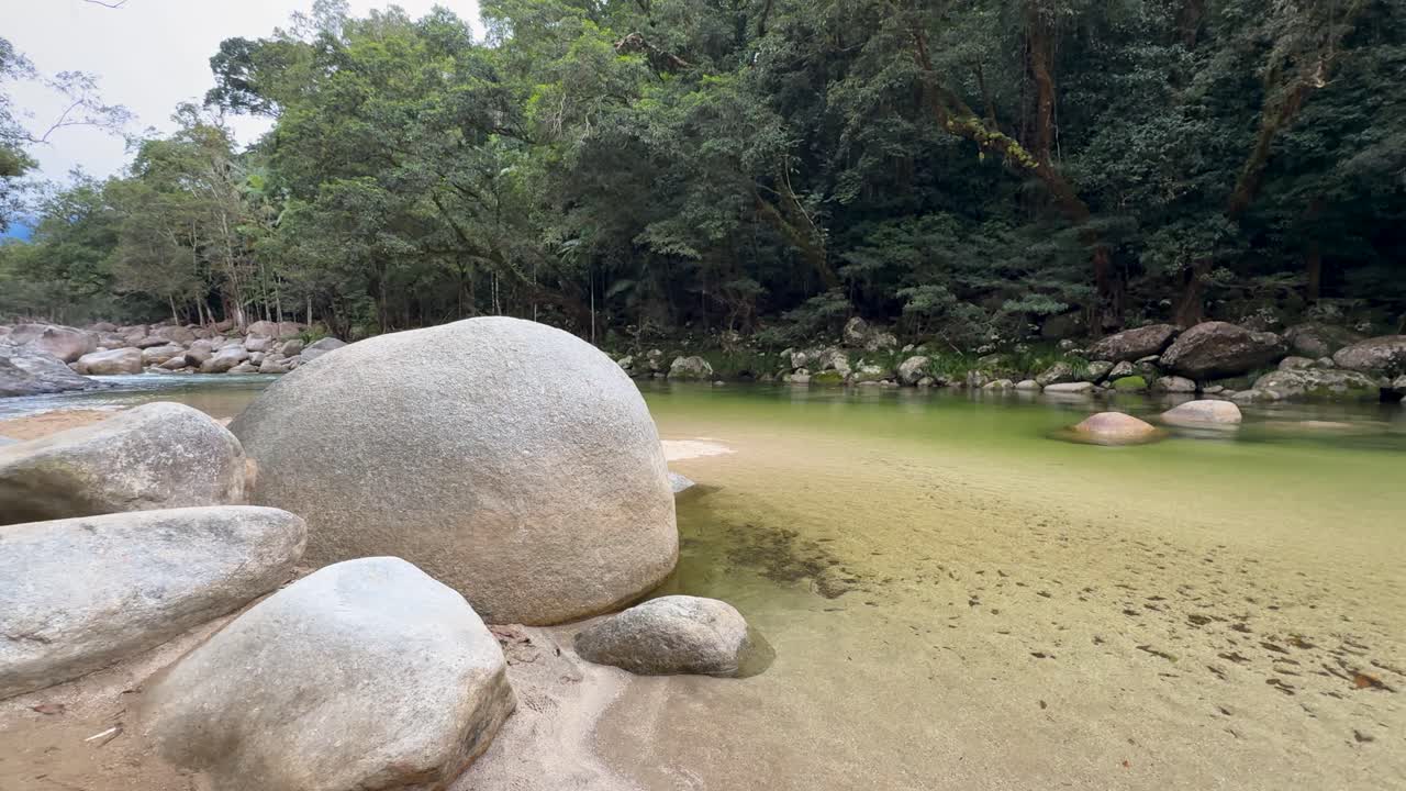 A tranquil river with large boulders in a lush rainforest, captured in soft, natural lighting