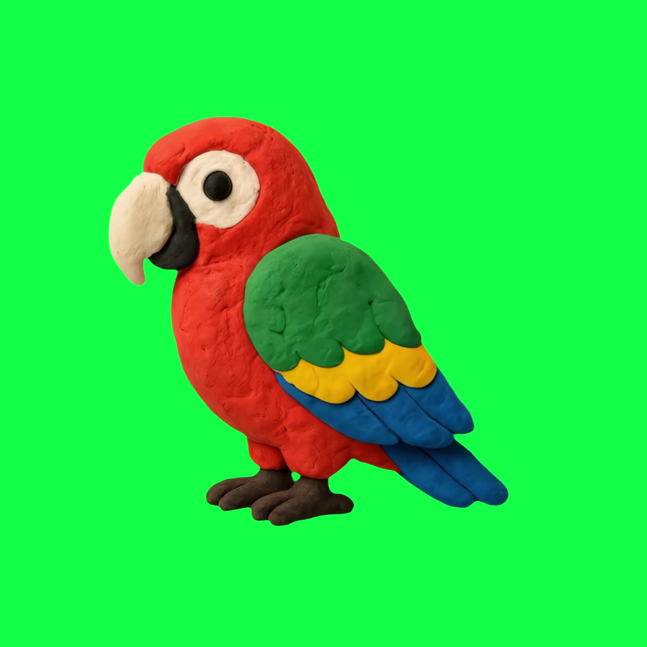 Colorful clay parrot sculpture animation, transparent 4K video, green screen