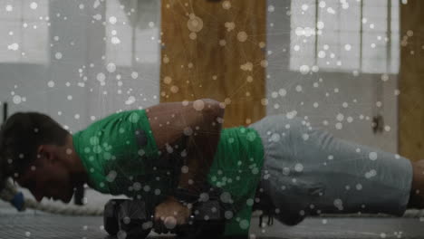 exercising with dumbbells, man surrounded by network connections and data animation